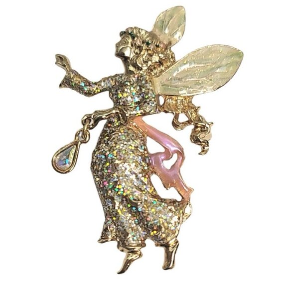 KIRKS FOLLY Gold Tone Enamel Fairy Angel Brooch with Dangle Charm - Picture 6 of 9